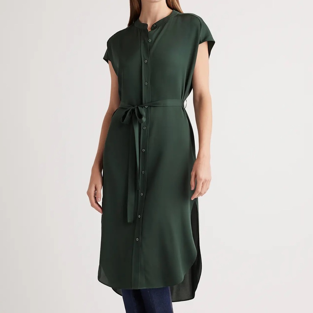 Quince Women’s Black Washable Stretch Silk Midi Shirt Dress *No Tie* Sz L